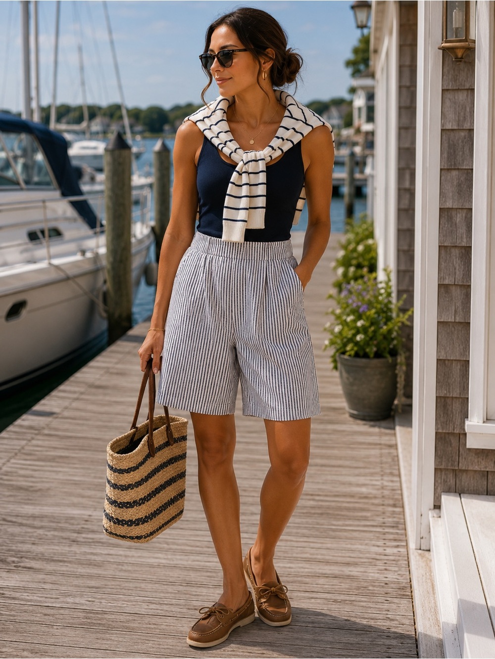 Hilary Radley Stretchy Navy Blue-White Striped Shorts Preppy Nautical